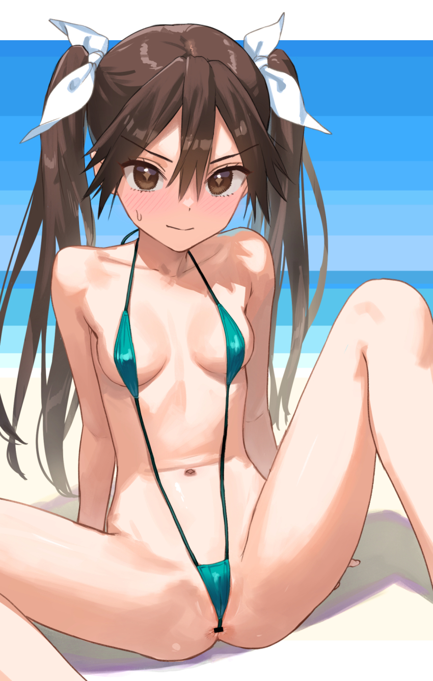 1girl alternate_costume anal anal_object_insertion bare_shoulders bikini blush breasts closed_mouth green_slingshot_swimsuit hair_ribbon highres kantai_collection kawakami_rokkaku looking_at_viewer micro_bikini navel object_insertion ribbon sitting slingshot_swimsuit small_breasts solo spread_legs swimsuit tone_(kancolle)