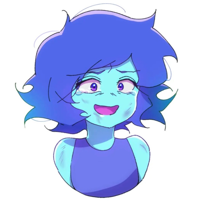 1girl annabird2520 bare_shoulders blue_eyes blue_hair blue_skin bruise colored_skin cropped_torso dirty injury lapis_lazuli_(steven_universe) medium_hair messy_hair non-web_source open_mouth smile solo steven_universe tearing_up tears upper_body white_background