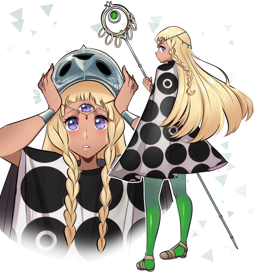 1girl blonde_hair blush braid commentary dark-skinned_female dark_skin english_commentary eupha_(metaphor:_refantazio) green_pantyhose highres holding holding_staff lips long_hair looking_at_viewer metaphor:_refantazio missandydandy pantyhose parted_lips pink_lips poncho profile purple_eyes sandals solo staff third_eye twin_braids white_background