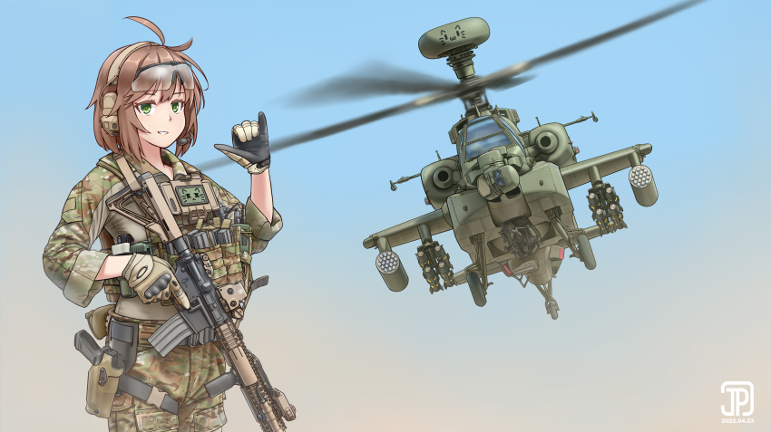 1girl absurdres ah-64_apache ahoge aircraft artist_name attack_helicopter body_armor brown_hair bulletproof_vest camouflage dated dust glock gloves goggles goggles_on_head green_eyes gun handgun headset helicopter highres holding holding_gun holding_weapon holster jpc load_bearing_equipment load_bearing_vest military military_combat_uniform military_uniform military_vehicle original short_hair smile soldier tactical_clothes watermark weapon