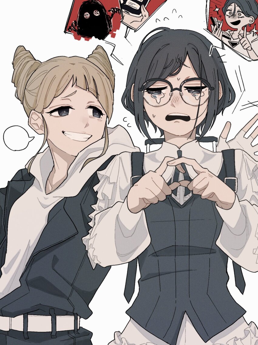 2girls backpack bag blank_speech_bubble collared_shirt commentary_request cone_hair_bun crying crying_with_eyes_open double_bun frilled_shirt frilled_sleeves frills frown fukurai_azami glasses grin hair_bun hands_up highres hood hoodie index_fingers_together limited_palette long_sleeves looking_at_another looking_at_viewer meguriya_ayumu multiple_girls open_mouth puffy_long_sleeves puffy_sleeves round_eyewear shirt short_hair simple_background smile sparkle speech_bubble spoken_character tears tomarigi_yasumi toshi_densetsu_kaitai_center white_background yakihokke_m