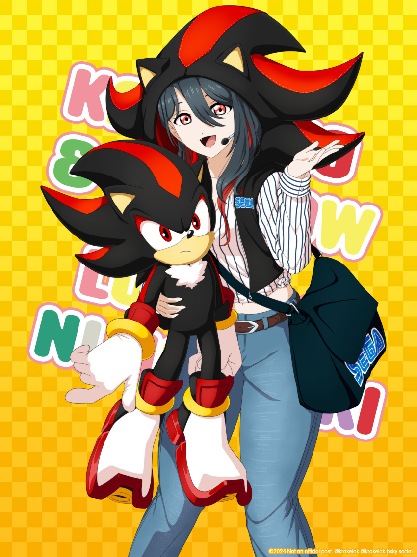 1girl black_hair denim highres jeans krakelak looking_at_viewer love_live! love_live!_nijigasaki_high_school_idol_club mifune_kaoruko multicolored_hair open_mouth pants red_eyes red_hair shadow_the_hedgehog shadow_the_hedgehog_(game) sharp_teeth sonic_(series) streaked_hair teeth