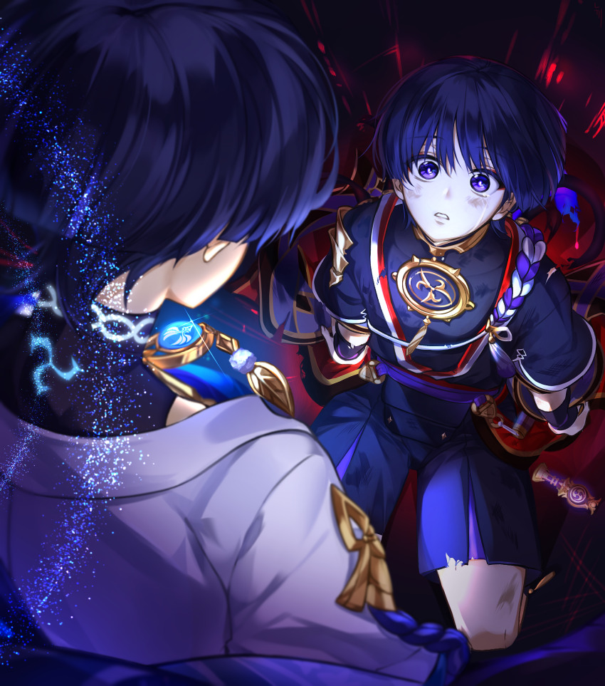 2boys anemo_symbol_(genshin_impact) arms_at_sides birthmark black_hair black_kimono black_shorts black_sleeves blue_gemstone blunt_ends cable diffraction_spikes dual_persona electro_symbol_(genshin_impact) eyeliner eyeshadow facing_down feathers furisode gem genshin_impact glowing_markings gnosis_(genshin_impact) gold gold_trim han&#039;eri highres japanese_clothes jewelry kimono layered_kimono layered_shorts looking_at_another looking_up makeup mitsudomoe_(shape) multiple_boys neck_ring nyukki o-ring open_clothes open_kimono pom_pom_(clothes) purple_eyes purple_pupils purple_rope purple_shorts red_eyeliner red_eyeshadow red_kimono rope scaramouche_(genshin_impact) shimenawa shorts single_sode tareme tassel tomoe_(symbol) torn_clothes torn_shorts wanderer_(genshin_impact) white_kimono white_rope white_sleeves white_trim wide-eyed wispy_bangs yellow_feathers