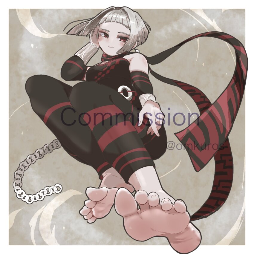 1girl artist_name bare_shoulders blush body_blush chain earrings feet foot_focus highres jewelry legs omkuros orta pants panzer_dragoon panzer_dragoon_orta red_eyes scarf sega soles toes white_hair