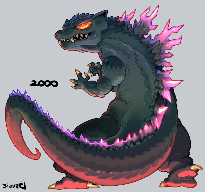 claws full_body godzilla godzilla_(series) godzilla_2000:_millennium grey_background kaiju looking_at_viewer looking_back no_humans orange_eyes sharp_teeth sido_(slipknot) signature simple_background solo teeth toho