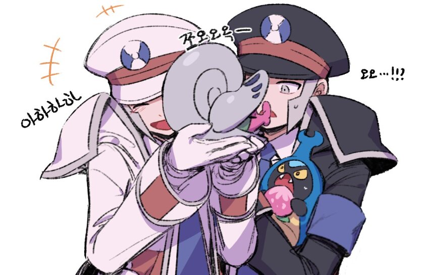 +++ 2boys :d berry_(pokemon) black_coat black_headwear brothers closed_eyes coat commentary_request emmet_(pokemon) gen_5_pokemon gloves grey_hair hands_up hat holding holding_pokemon ingo_(pokemon) karrablast korean_commentary korean_text long_sideburns long_sleeves male_focus multiple_boys nintendo open_mouth pokemon pokemon_(creature) pokemon_bw seku_000 shelmet siblings sideburns smile striped_coat sweatdrop translation_request upper_body white_coat white_gloves white_headwear