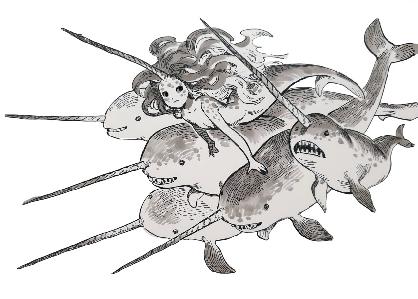 1girl animal black_eyes closed_mouth colored_sclera colored_skin fins full_body grey_hair grey_horns grey_sclera grey_skin highres horns long_hair looking_to_the_side mermaid monster_girl narwhal original prema-ja simple_background single_horn solo_focus swimming underwater white_background