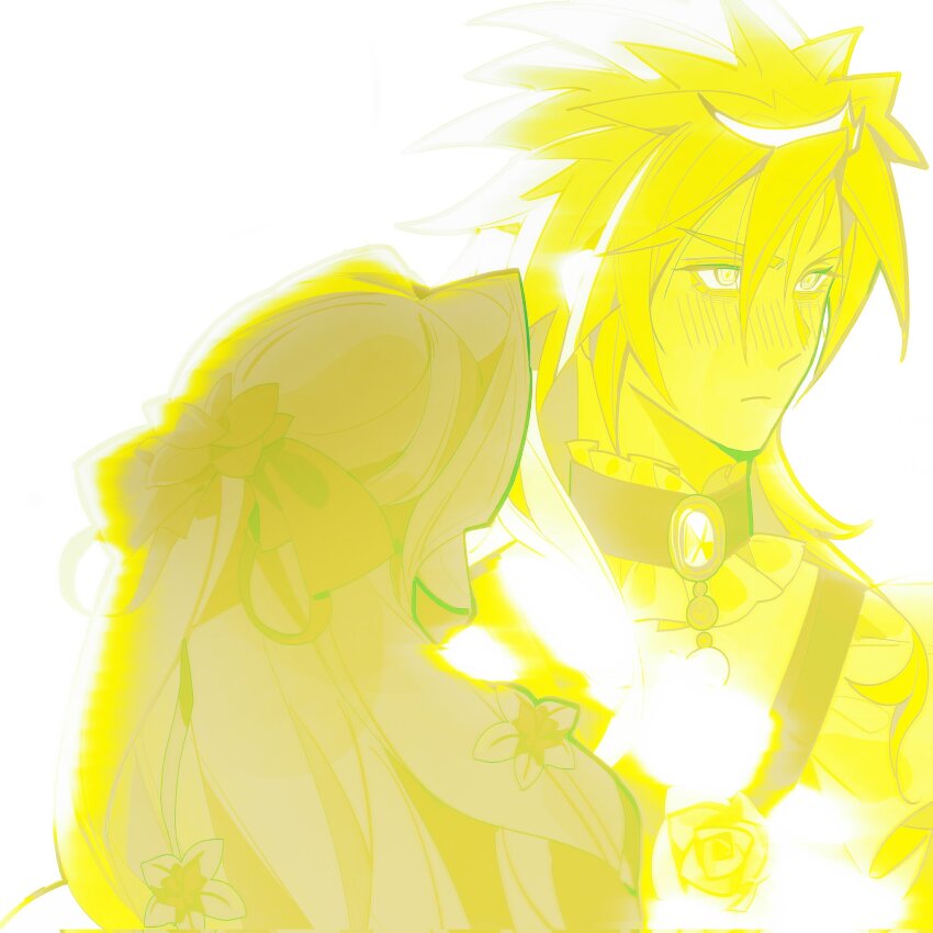 1boy 1girl aerith_gainsborough aerith_gainsborough_(red_dress) blonde_hair blush choker closed_mouth cloud_strife cloud_strife_(ball_gown) crossdressing crossdressing_(mtf) dress_flower final_fantasy final_fantasy_vii final_fantasy_vii_remake flower hair_between_eyes hair_ribbon highres long_hair looking_at_another official_alternate_costume parted_bangs ponytail ribbon ribbon_choker sketch spiked_hair tiara upper_body white_background wintercoming42