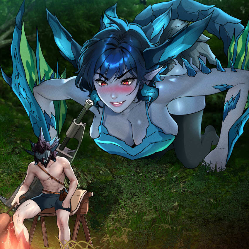 1boy 1girl abs all_fours azure_rathalos black_male_underwear black_thighhighs blue_hair blush boned_meat borrowed_character breasts colored_skin commentary cooking crossover dragon_girl dragon_horns dragon_tail english_commentary fire food fusion giant giantess grey_skin helmet highres horns imminent_pounce jude_(suoiresnu) large_breasts lips male_underwear meat monster_girl monster_hunter:_world monster_hunter_(character) monster_hunter_(series) muscular muscular_male nose_blush original personification pointy_ears red_eyes scales short_hair solo_focus stasis_mk3 sword sword_on_back tail teeth thighhighs topless_male underwear underwear_only weapon weapon_on_back