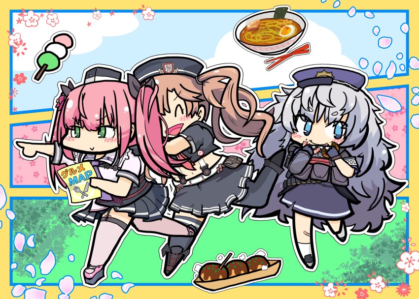 3girls absurdres armband bandaid bandaid_on_knee bandaid_on_leg belt_pouch black_gloves black_sailor_collar black_skirt black_thighhighs blue_eyes boots breasts brown_hair bulletproof_vest chest_harness chibi collared_shirt crop_top cross-laced_footwear cup_ramen dango donut dress eating flower food garrison_cap gloves goddess_of_victory:_nikke green_eyes grey_skirt hair_flower hair_ornament harness hat highres knee_boots large_breasts legwear_garter long_hair military_hat miranda_(nikke) mo_na_ka multiple_girls neckerchief necktie pink_footwear pink_hair pleated_skirt poli_(nikke) police police_hat police_uniform policewoman pouch purple_necktie quiry_(nikke) red_neckerchief sailor_collar sailor_dress sanshoku_dango shirt short_sleeves sidelocks skirt socks suspender_skirt suspenders takoyaki thighhighs twintails very_long_hair wagashi wavy_hair white_hair white_shirt white_socks white_thighhighs