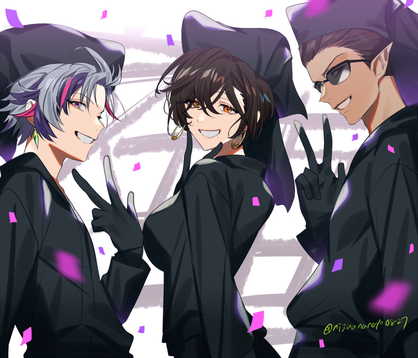 1girl 2boys black_gloves black_hair black_shirt breasts brown_hair confetti dark-skinned_male dark_skin earrings fuwa_minato gloves green_eyes grey_hair grin gwelu_os_gar hair_between_eyes hand_up jewelry long_sleeves medium_breasts multicolored_hair multiple_boys night_kingdom_(nijisanji) nijisanji ninahachi pink_hair pointy_ears purple_hair red_eyes shirayuki_tomoe shirt smile streaked_hair sunglasses twitter_username v virtual_youtuber