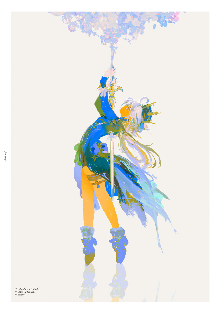 1girl absurdres ahoge blue_coat blue_eyes border bow character_name coat coattails commentary cross cross_earrings crown crying crying_with_eyes_open dio_knarf earrings flower frilled_socks frills from_side full_body furina_(genshin_impact) genshin_impact gloves high_heels highres holding holding_sword holding_weapon impaled jewelry leaning_back long_hair long_sleeves looking_up low_twintails profile reflection reflective_floor sacrificial_sword_(genshin_impact) simple_background socks solo spoilers suicide sword tears tiptoes twintails twitter_username weapon white_border white_bow white_gloves white_hair wrist_bow