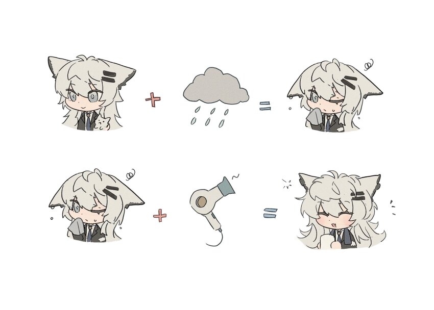 1girl animal_ears arknights closed_eyes closed_mouth cloud equal_sign grey_hair hair_dryer hair_ornament hairclip highres lappland_(arknights) one_eye_closed parallel_hairclips plus_sign seri_(vyrlw) simple_background white_background wolf_ears wolf_girl