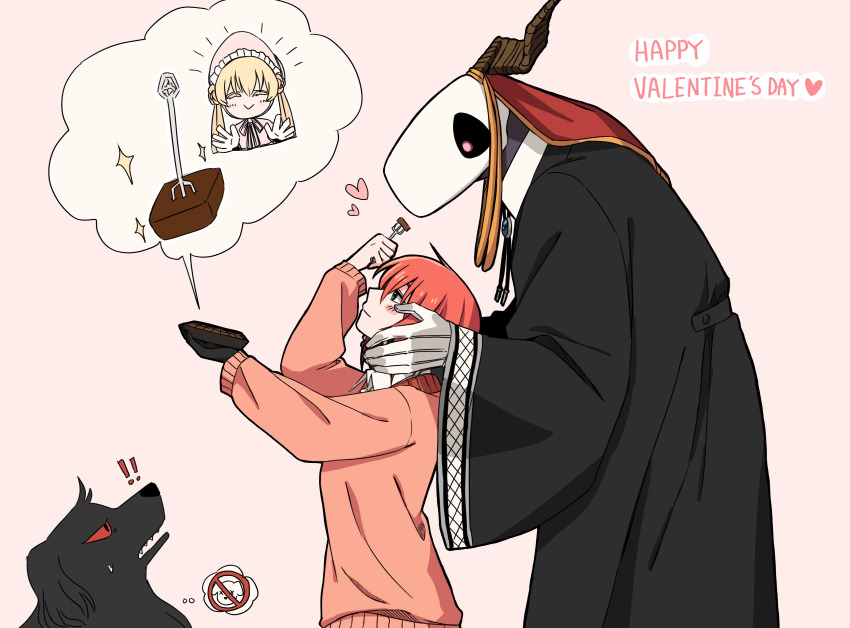 ! !! 1boy 2girls :&gt; animal_skull black_coat bonnet chocolate closed_mouth coat delfuze dog elias_ainsworth feeding fork from_side happy_valentine hatori_chise highres horns interspecies long_sleeves mahou_tsukai_no_yome multiple_girls open_mouth pink_background profile red_hair red_sweater ruth_(mahou_tsukai_no_yome) silkie simple_background skull_head smile spoken_character sweater valentine wide_sleeves