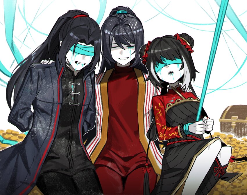 1girl 2boys aqua_blood asdf1211950 black_coat black_dress black_hair bound bound_wrists brother_and_sister brothers closed_eyes coat coin cropped_jacket dress gold_trim high_ponytail highres hong_lu_(project_moon) jacket jia_huan_(project_moon) jia_xichun_(project_moon) limbus_company long_hair low_twintails mandarin_collar multiple_boys pants parted_lips ponytail project_moon red_jacket red_pants red_shirt ribbed_dress shirt shrug_(clothing) siblings sitting smile tied_up_(nonsexual) twintails very_long_hair