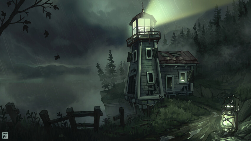 architecture artist_logo building commentary dark dilapidated english_commentary falling_leaves fence fog foliage forest gas_lantern grass lantern leaf lighthouse logo mountainous_horizon nature night no_humans original outdoors overcast plant rain road scenery searchlight sky tree waltjan window window_light