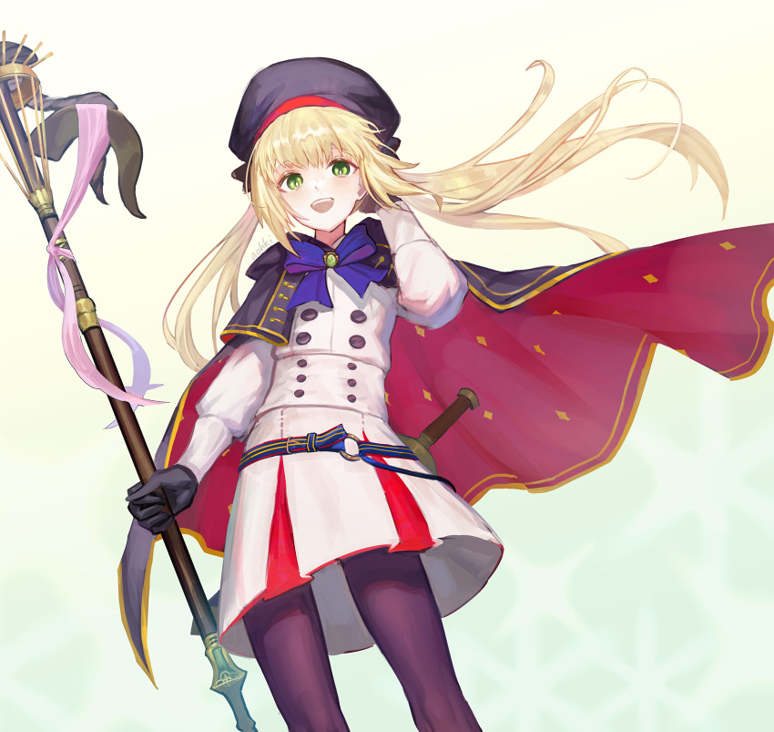 1girl artoria_caster_(fate) artoria_caster_(second_ascension)_(fate) artoria_pendragon_(fate) belt black_gloves blonde_hair buttons capelet commentary_request double-breasted dutch_angle fate/grand_order fate_(series) gloves green_eyes hand_in_own_hair hat highres long_hair long_sleeves looking_at_viewer mage_staff multicolored_capelet pantyhose short_sword skirt smile solo staff striped_belt sword teeth thighs upper_teeth_only waterstaring weapon
