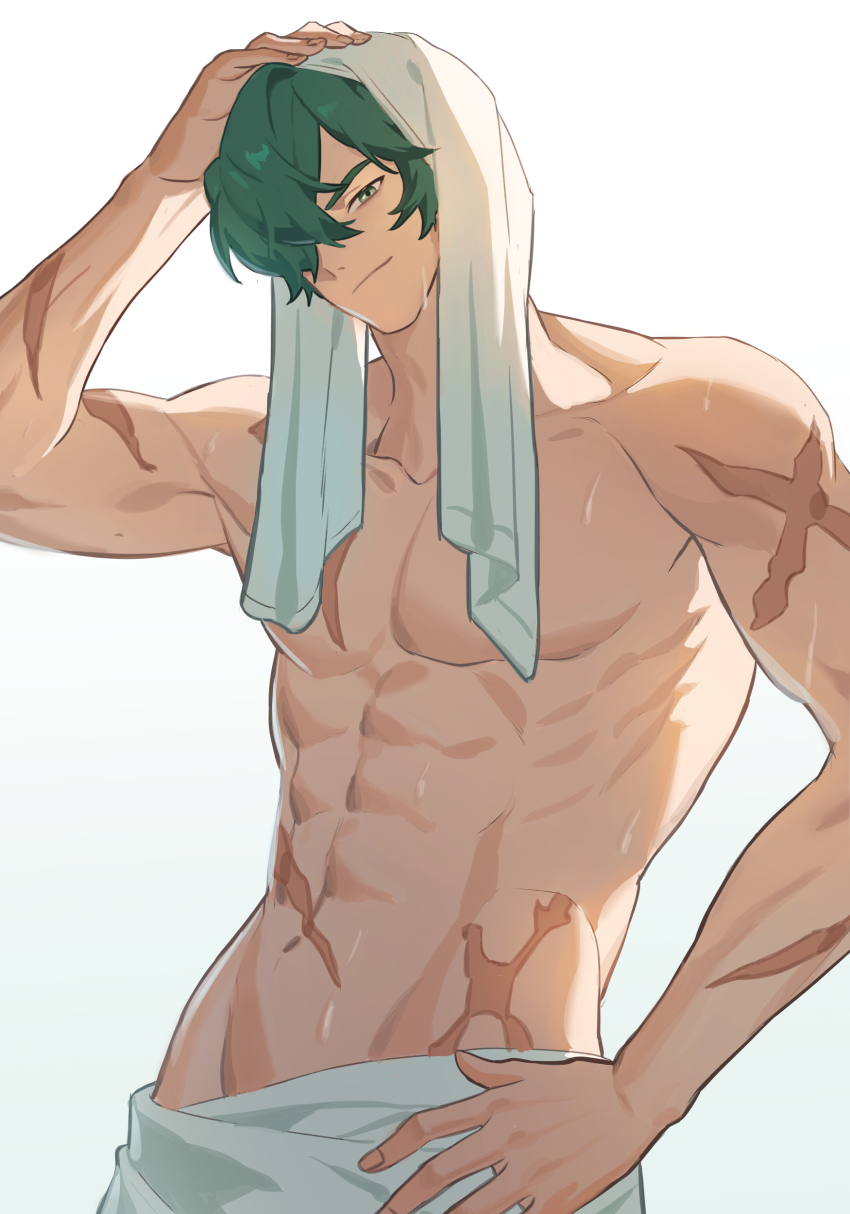 1boy abs absurdres arm_up closed_mouth collarbone commentary_request cowboy_shot green_hair groin hair_over_one_eye hand_on_own_head highres korean_commentary lighter_(zenless_zone_zero) looking_at_viewer male_focus multiple_scars muscular muscular_male naked_towel one_eye_covered pectorals scar scar_on_arm scar_on_chest scar_on_hip scar_on_shoulder short_hair simple_background smile solo topless_male towel towel_on_head white_background yag123gwa yellow_eyes zenless_zone_zero