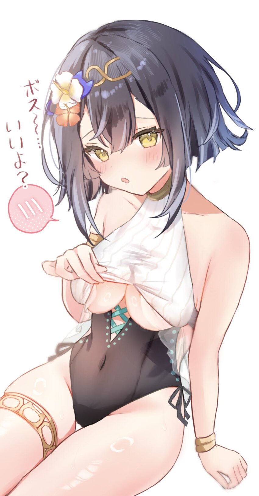 amber_(stella_sora) arm_support bare_shoulders black_hair black_one-piece_swimsuit blush bracelet breasts cleavage clothing_cutout collarbone commentary_request covered_navel flower hair_between_eyes hair_flower hair_ornament halterneck head_tilt headpiece highres jewelry large_breasts medium_hair natukisigure official_alternate_costume one-piece_swimsuit open_mouth paizuri_invitation simple_background sitting spoken_blush stella_sora swimsuit thigh_strap translated two-tone_swimsuit underboob_cutout white_background white_one-piece_swimsuit yellow_eyes
