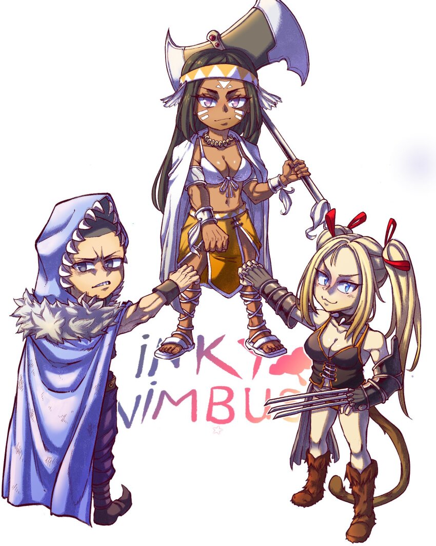 1boy 2girls bikini bikini_top_only black_hair blonde_hair blue_eyes breasts chibi cleavage highres large_breasts leopard_(rave) long_hair multiple_girls purple_eyes rave_(manga) renard_(rave) requin swimsuit twintails