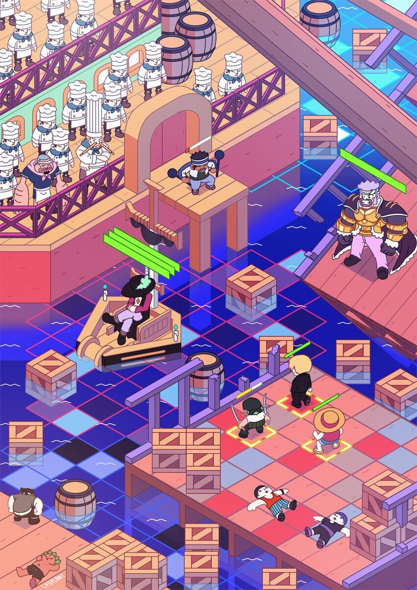 6+boys armor bandana barrel black_hair blonde_hair boat braided_mustache commentary crossed_legs don_krieg dracule_mihawk facial_hair formal_clothes gin_(one_piece) green_hair highres holding holding_sword holding_weapon lv5plant monkey_d._luffy multiple_boys mustache ocean one_piece patty_(one_piece) purple_hair red-leg_zeff roronoa_zoro sanji_(one_piece) short_hair suit sword watercraft weapon