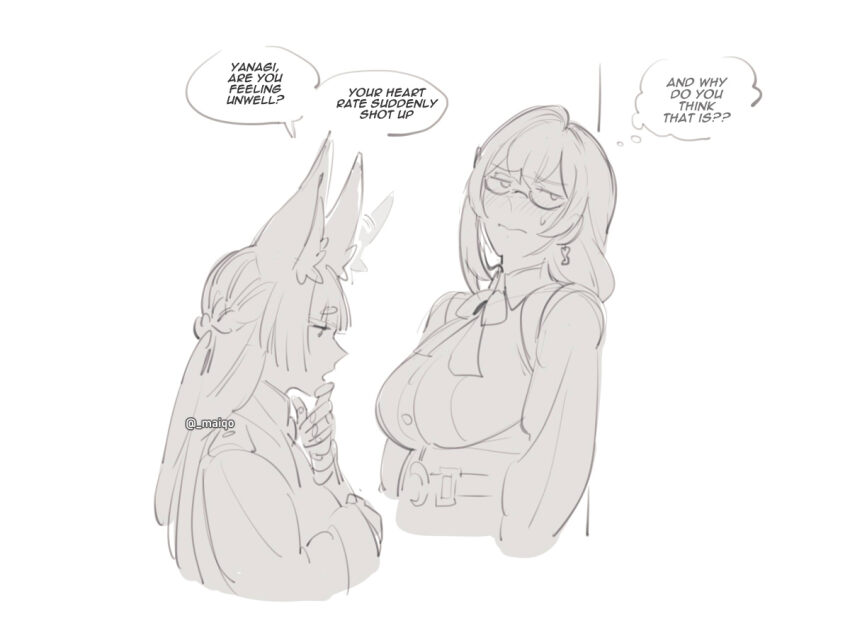 2girls animal_ears blush breasts earrings glasses height_difference hoshimi_miyabi jacket jewelry large_breasts long_hair maiqo medium_breasts multiple_girls tsukishiro_yanagi yuri zenless_zone_zero