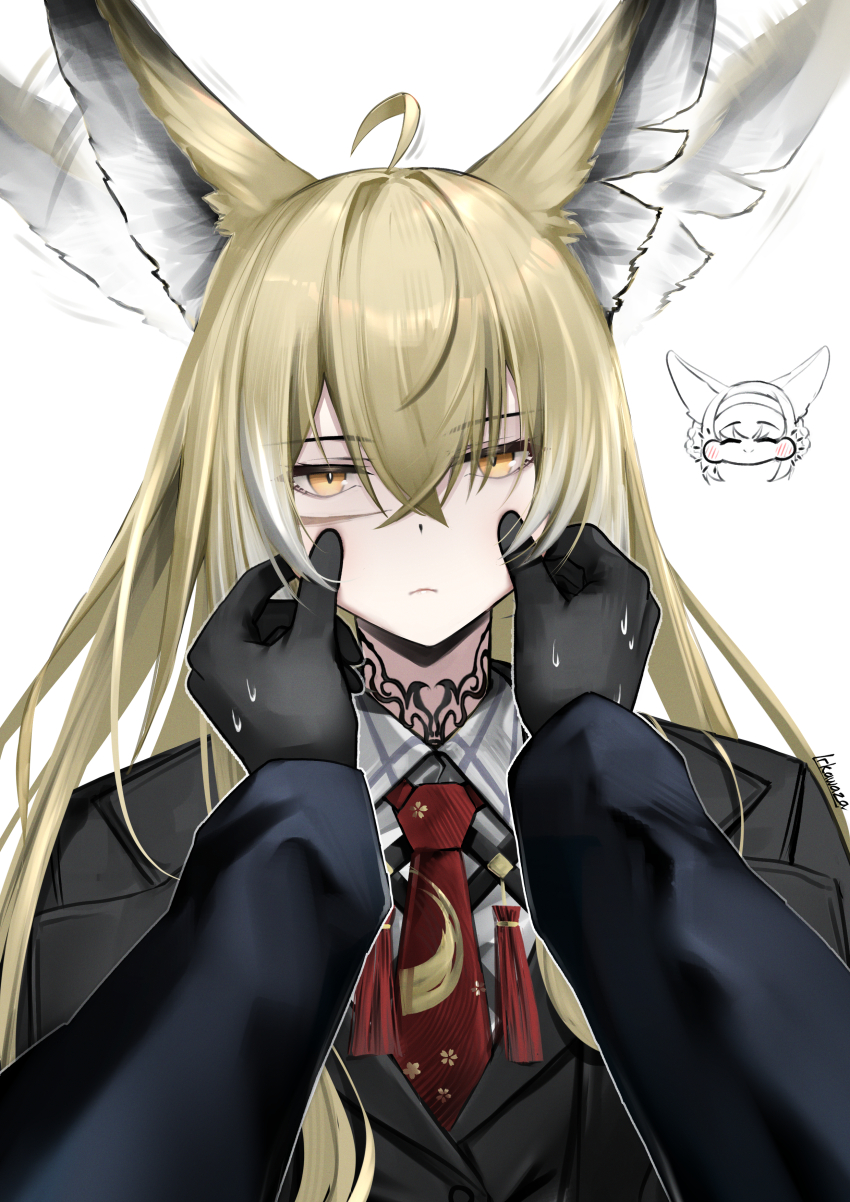 2girls absurdres ahoge animal_ears arknights black_gloves black_suit blonde_hair closed_eyes closed_mouth formal_clothes gloves highres irkawaza long_hair multiple_girls necktie pov red_necktie smile suit suzuran_(arknights) sweat vulpisfoglia_(arknights) white_background yellow_eyes