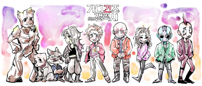 3boys 3girls 3others absurdres animal_ears antennae bald blue_eyes chibi clenched_hands closed_mouth cosmo_the_spacedog dog dog_ears dog_tail drax_the_destroyer gamora green_sweater groot guardians_of_the_galaxy guardians_of_the_galaxy_vol._3 hands_in_pockets highres jacket korean_commentary korean_text kraglin_obfonteri lineup long_hair looking_at_another looking_at_viewer looking_down looking_to_the_side mantis_(marvel) marvel marvel_cinematic_universe midriff mohawk multiple_boys multiple_girls multiple_others navel nebula_(gotg) no_pupils open_mouth peter_quill pink_sweater purple_sweater raccoon raccoon_ears red_eyes rocket_raccoon short_hair simple_background spgoatking sweater tail