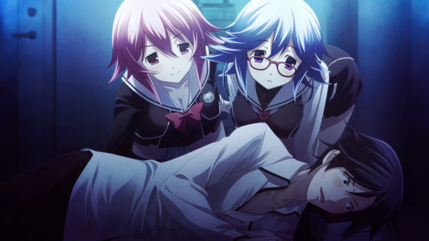 1boy 2girls all_fours black_dress black_panties blue_hair bow bowtie breasts chaos;child cleavage collarbone dress dress_shirt game_cg glasses hair_between_eyes hekiho_academy hekiho_academy_school_uniform highres indoors kazuki_hana lying medium_breasts miyashiro_takuru multiple_girls neckerchief non-web_source official_art on_side onoe_serika open_mouth panties parted_lips pink_eyes pink_hair purple_eyes red-framed_eyewear red_bow red_bowtie red_neckerchief sasaki_mutsumi school_emblem school_uniform shirt short_dress sidelocks smile sweatdrop underwear white_shirt