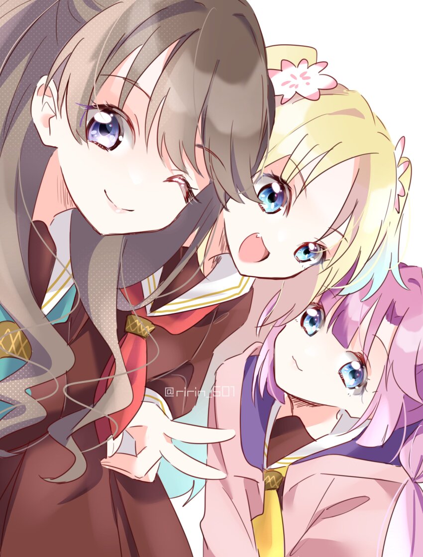3girls :3 ;) absurdres ahoge anyoji_hime aqua_neckerchief blonde_hair blue_eyes blue_hair blunt_bangs brown_dress brown_hair closed_mouth commentary dress fang flower fujishima_megumi gradient_hair hair_flower hair_intakes hair_ornament hasu_no_sora_school_uniform highres hood hooded_jacket jacket link!_like!_love_live! long_hair long_sleeves looking_at_viewer love_live! mira-cra_park! multi-tied_hair multicolored_hair multiple_girls neckerchief one_eye_closed open_clothes open_jacket osawa_rurino parted_bangs pink_flower pink_hair pink_jacket ponytail purple_eyes red_neckerchief ririn_(ririn_501) sailor_collar sailor_dress school_uniform sidelocks simple_background smile split_mouth swept_bangs twintails twitter_username two_side_up v very_long_hair virtual_youtuber white_background white_sailor_collar winter_uniform yellow_neckerchief