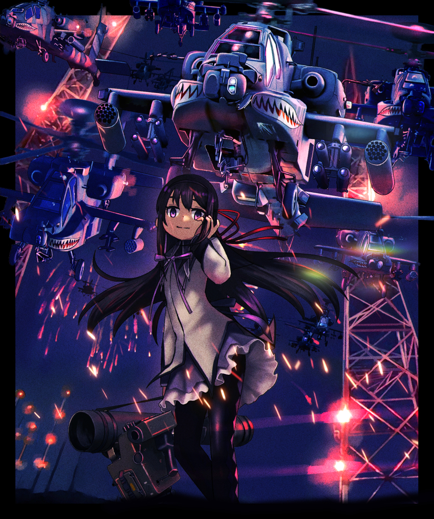 1girl ah-64_apache aircraft akemi_homura akemi_homura_(magical_girl) attack_helicopter black_hair black_pantyhose dress fgm-148_javelin flare helicopter highres japan_ground_self-defense_force japan_self-defense_force long_hair looking_at_viewer mahou_shoujo_madoka_magica mahou_shoujo_madoka_magica_(anime) military military_vehicle missile_pod nose_art pantyhose purple_dress purple_eyes shark_nose_art smile solo timmyyen very_long_hair