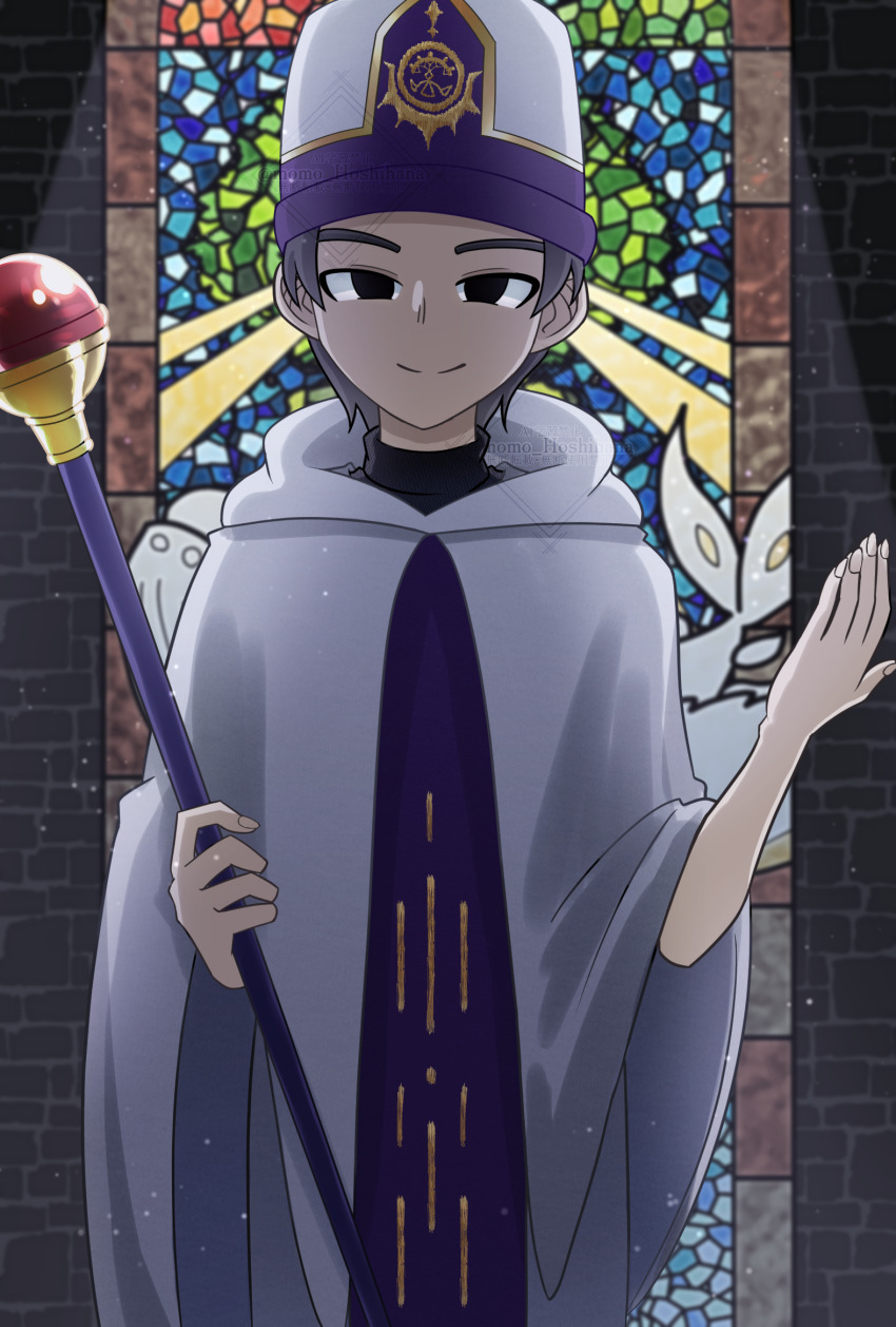 1boy aged_down black_eyes blue_trim blurry blurry_background brown_hair commentary_request cowboy_shot dragon_quest dragon_quest_ii dragon_quest_iii gem gold_trim hargon hat highres holding holding_staff looking_at_viewer mage_staff male_focus mitre momo-incos2 official_alternate_design priest red_gemstone robe short_hair smile solo spoilers staff stained_glass white_robe