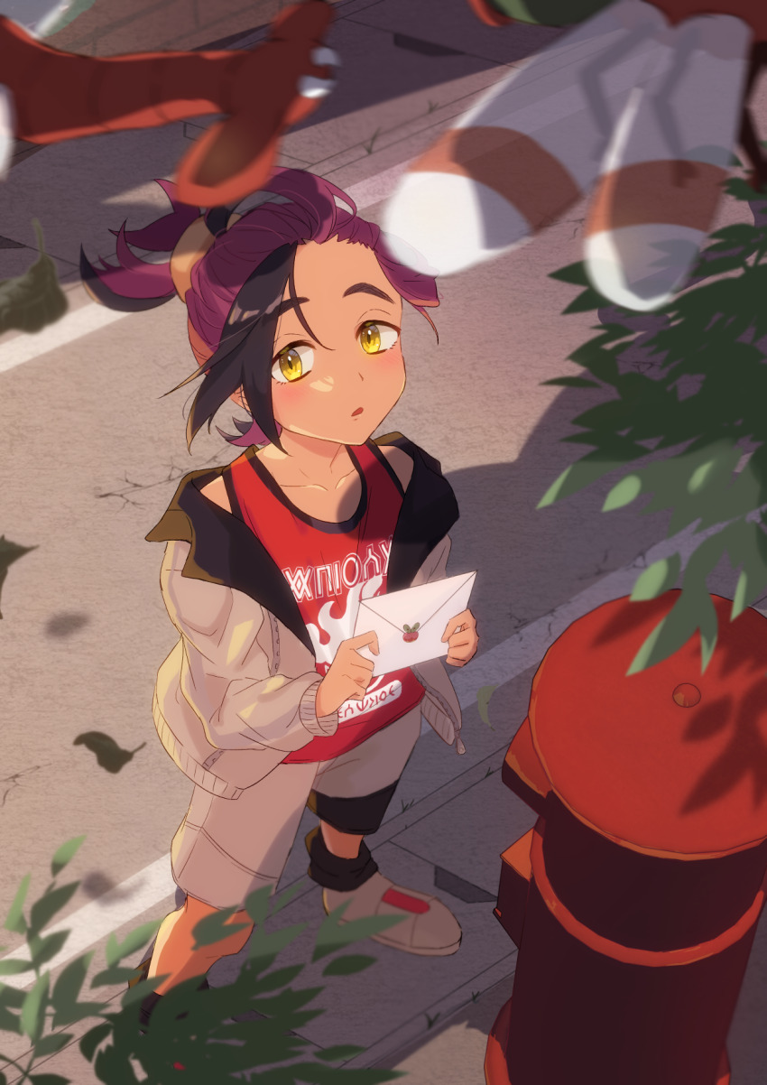 1boy 82hanico black_hair blush commentary_request envelope falling_leaves gen_2_pokemon highres holding holding_envelope jacket kieran_(pokemon) leaf long_sleeves male_focus multicolored_hair nintendo outdoors parted_lips pokemon pokemon_(creature) pokemon_sv postbox_(outgoing_mail) purple_hair red_shirt shirt shoes shorts sleeveless sleeveless_shirt standing tank_top two-tone_hair yanma yellow_eyes