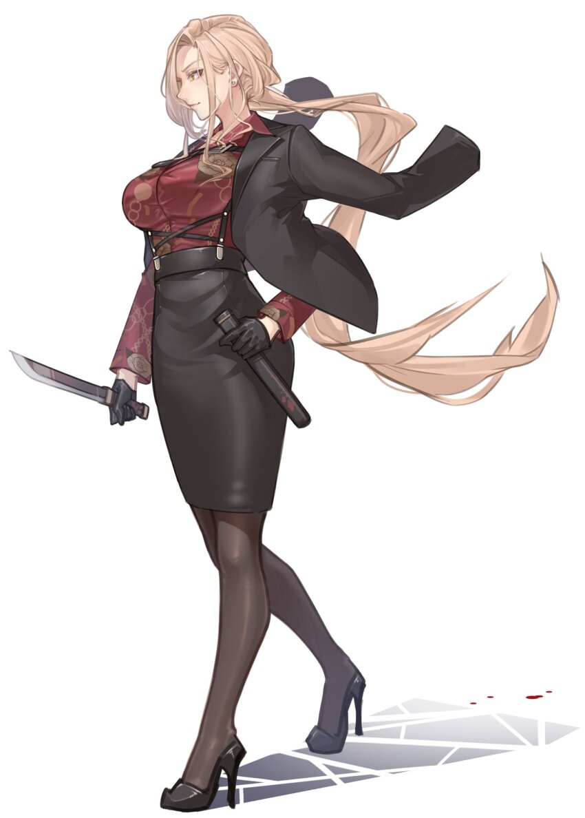 1girl black_gloves black_jacket black_pantyhose black_shoes black_skirt black_suit blonde_hair blood blood_on_ground breasts chest_harness collared_shirt commentary_request earrings floral_print formal_clothes full_body gloves hair_over_breasts half_gloves harness high-waist_skirt high_heels highres holding holding_sheath holding_weapon jacket jacket_on_shoulders jewelry large_breasts light_smile long_bangs long_hair looking_to_the_side low_ponytail medium_skirt nijisanji nui_sociere nui_sociere_(9th_costume) pantyhose parted_bangs parted_hair pencil_skirt ponytail profile red_shirt sheath shirt shoes short_sword side_part simple_background skirt solo stud_earrings suit suit_jacket sword taman324 tantou taut_clothes taut_shirt very_long_hair virtual_youtuber walking weapon white_background yellow_eyes
