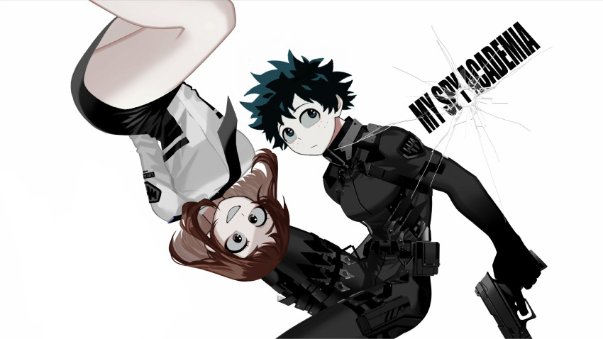 1boy 1girl black_footwear boku_no_hero_academia brown_eyes brown_hair closed_eyes closed_mouth commentary couple english_commentary freckles full_body green_hair hetero highres holding_hands interlocked_fingers japanese_clothes long_hair looking_at_another midoriya_izuku non-web_source open_mouth pants short_hair smile spy star_(sky) star_(symbol) uraraka_ochako white_pants