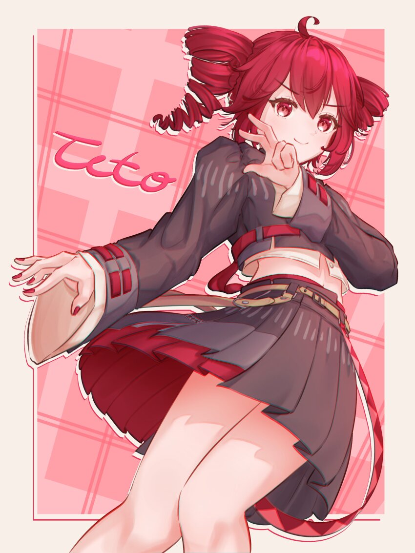 1girl absurdres ahoge arm_at_side belt black_shirt black_skirt border brown_belt comradekashoot drill_hair feet_out_of_frame fingernails flat_chest from_below grey_border hair_between_eyes hand_up highres kasane_teto kasane_teto_(voicepeak) long_sleeves looking_at_viewer midriff_peek outside_border pink_background pleated_skirt red_belt red_eyes red_nails red_skirt shirt skirt smile solo twin_drills utau voicepeak