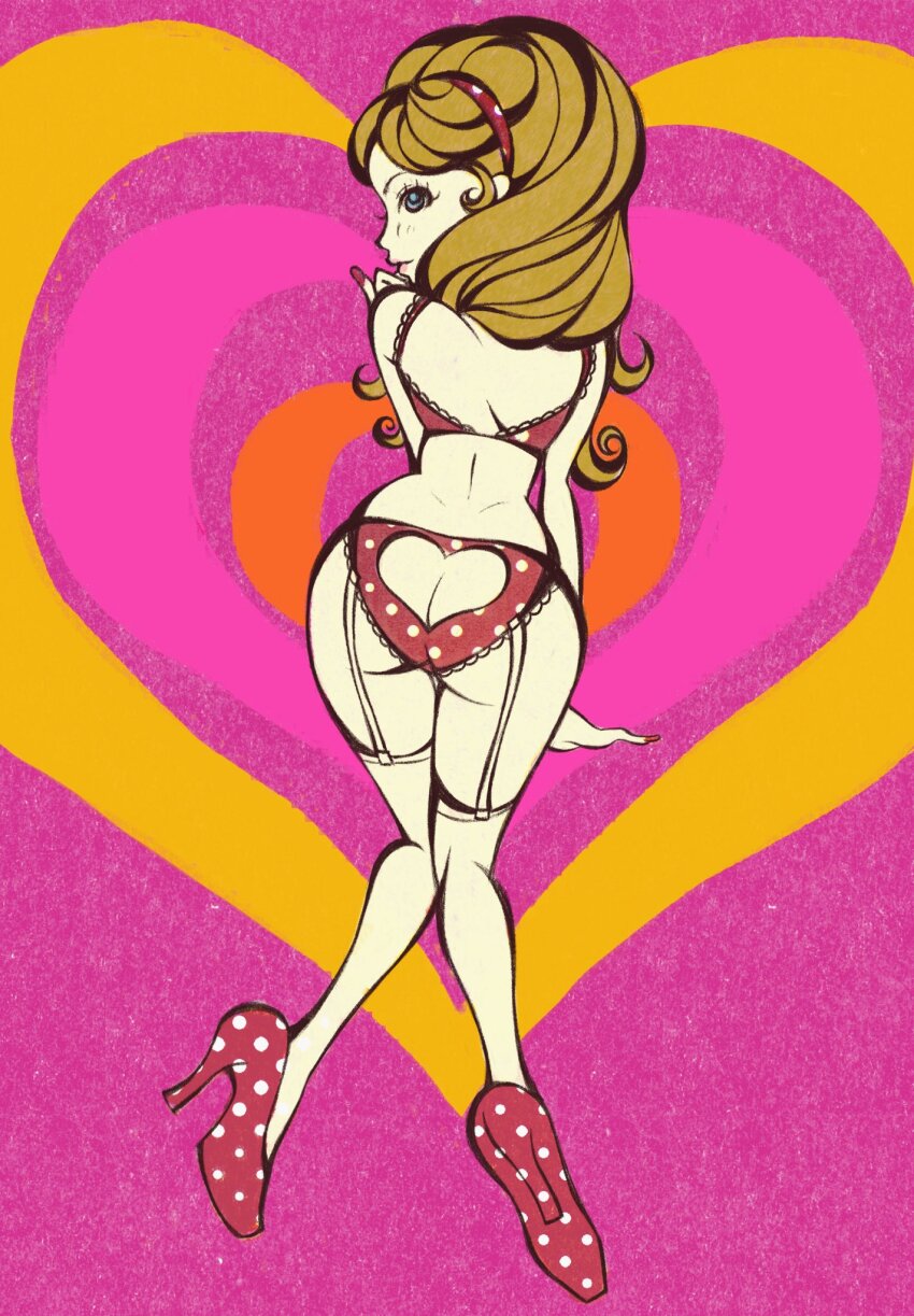 1girl ass ass_cutout bra butt_crack clothing_cutout eyelashes garter_straps hairband heart_cutout high_heels highres lilitafaery lingerie original pale_skin panties pinup_(style) solo thighhighs underwear