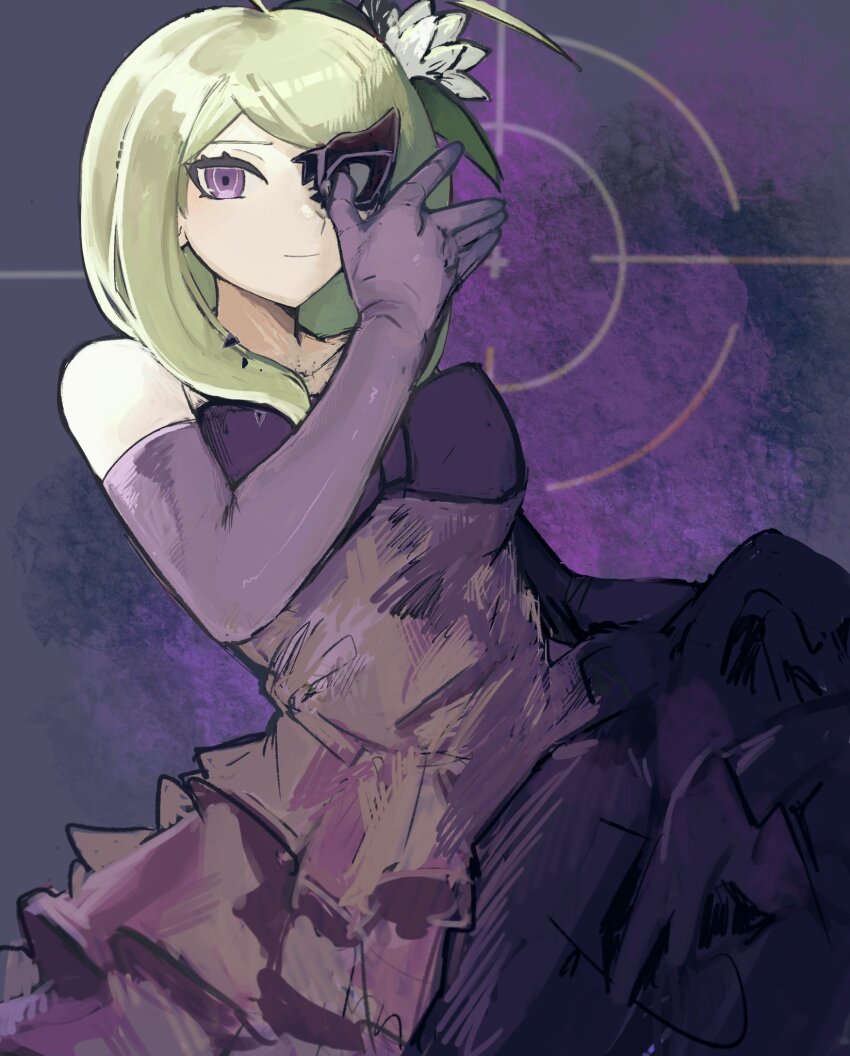 1girl ahoge akamatsu_kaede blonde_hair breasts closed_mouth danganronpa_(series) danganronpa_v3:_killing_harmony dress eye_mask flower gloves half_mask hand_up highres large_breasts layered_dress looking_at_viewer mask official_alternate_costume pink_background pink_eyes pink_gloves purple_dress smile solo white_flower yuni_ro