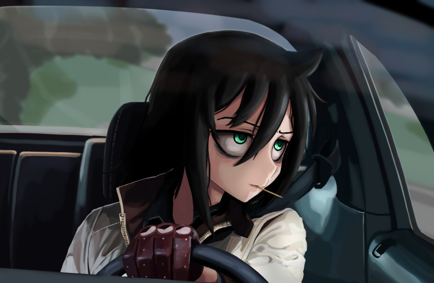 1girl bags_under_eyes black_hair car drive_(movie) driving film gloves green_eyes highres jacket kuroki_tomoko kurokimoko motor_vehicle parody ryan_gosling self-upload solo tired toothpick watashi_ga_motenai_no_wa_dou_kangaetemo_omaera_ga_warui!