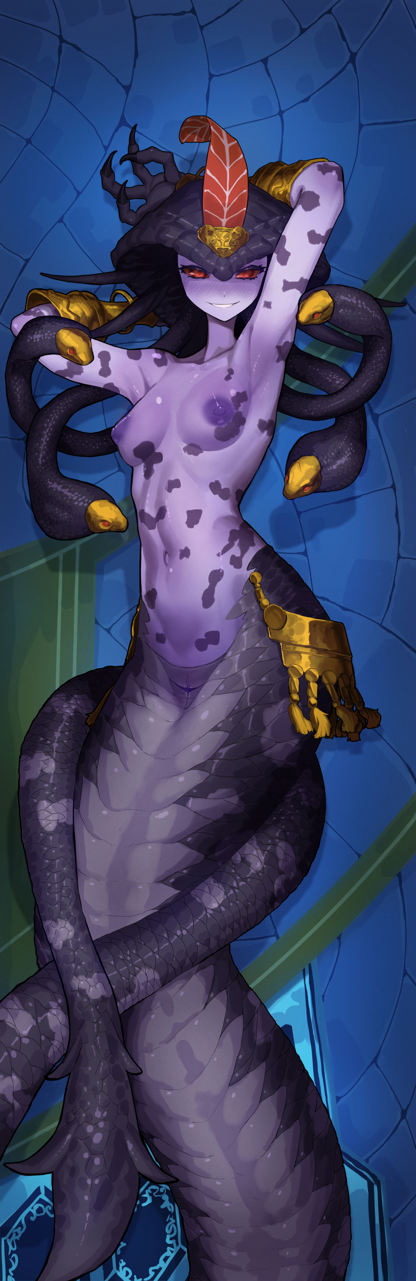 1girl absurdres blue_skin bra breasts claws cloaca colored_sclera colored_skin dakimakura_(medium) ekrea_jan final_fantasy final_fantasy_xiv gold highres incredibly_absurdres lamia lying melusine_(ff14) monster_girl nipples nude on_back pussy red_eyes red_sclera snake snake_hair snake_hood underwear xenoluxe