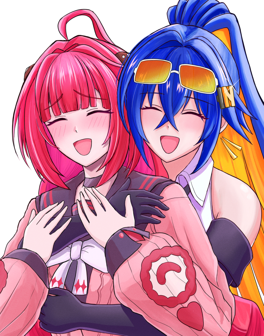 2girls :d ^_^ belle_(zenless_zone_zero) black_choker black_sailor_collar blue_hair blush bow bowtie cardigan chest_bow choker closed_eyes crossed_bangs eyewear_on_head hair_ornament highres hug hug_from_behind letter_hair_ornament long_hair miyabidai multiple_girls open_mouth orange-tinted_eyewear pink_cardigan ponytail red_hair sailor_collar smile tinted_eyewear ukinami_yuzuha upper_body white_bow white_bowtie zenless_zone_zero