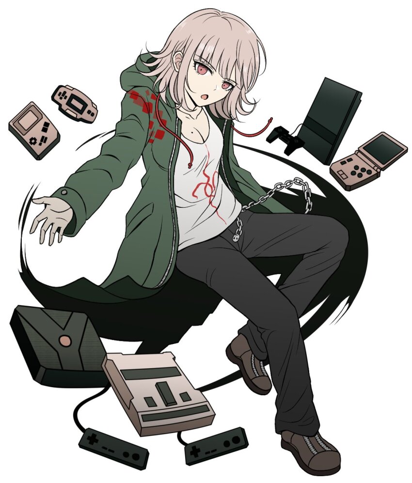1girl breasts collarbone cosplay danganronpa_(series) danganronpa_2:_goodbye_despair flipped_hair game_console highres hood jacket kmnm_1403 komaeda_nagito komaeda_nagito_(cosplay) large_breasts long_sleeves looking_at_viewer medium_hair mole mole_on_breast nanami_chiaki no_hair_ornament open_clothes open_jacket pants pink_eyes shirt shoes simple_background solo white_shirt
