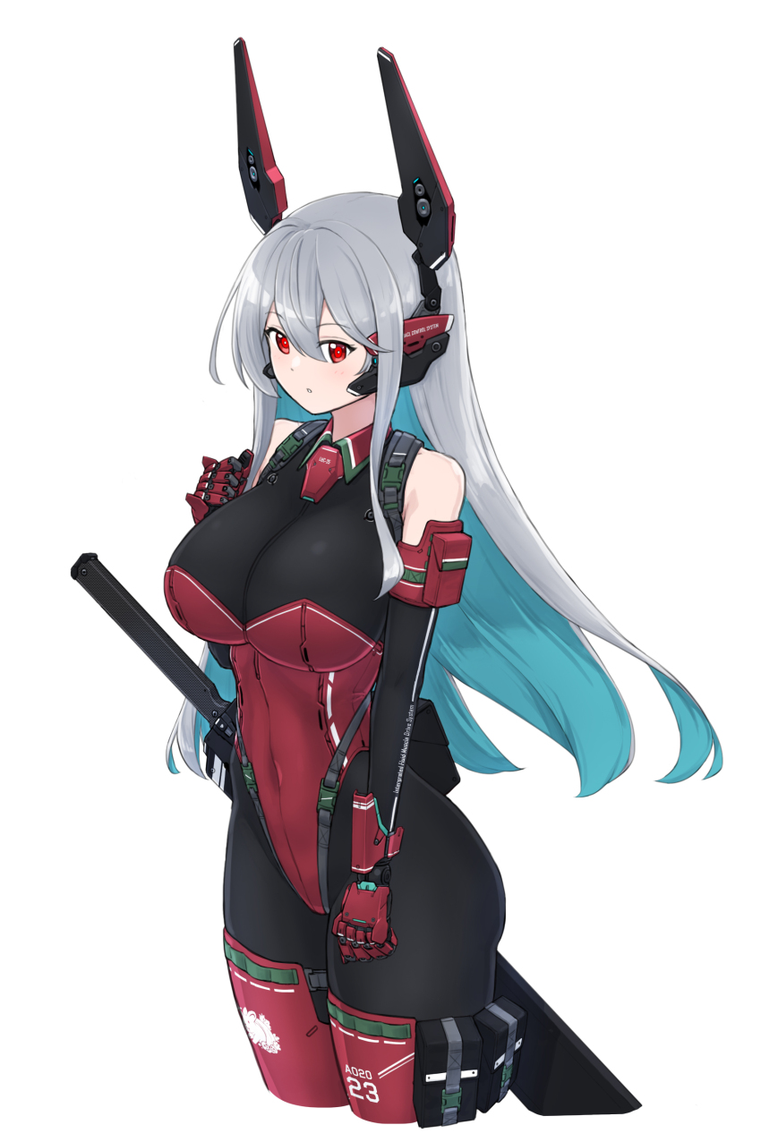 1girl absurdres android bare_shoulders blue_hair bodysuit breasts colored_inner_hair covered_navel gloves grey_hair hair_between_eyes headgear highres large_breasts leotard long_hair looking_at_viewer maxilax mechanical_ears multicolored_hair original pouch red_eyes robot_ears sheath sheathed simple_background solo sword thigh_pouch thighhighs variant_set weapon white_background