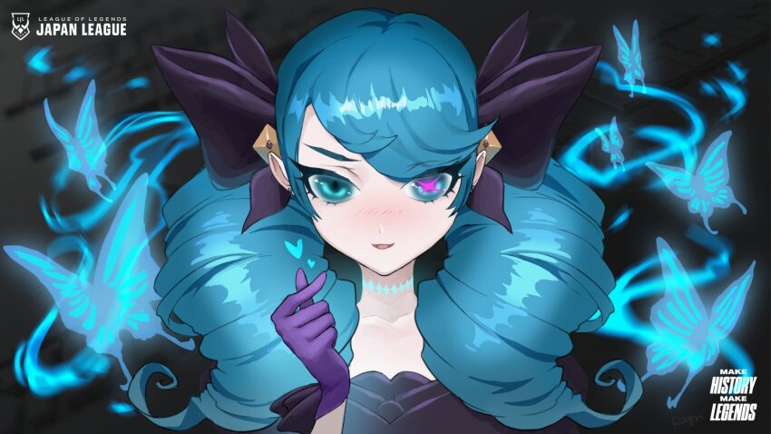 1girl black_background black_bow blush bow bug butterfly collarbone drill_hair earrings english_text finger_heart gloves green_eyes green_hair gwen_(league_of_legends) hair_bow hand_up heart highres insect jewelry league_of_legends purple_gloves rayn87250715 smile solo symbol_in_eye twin_drills twintails