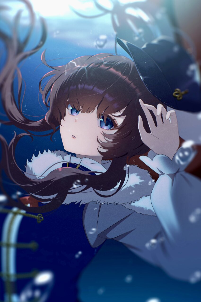 1girl :o air_bubble black_hat black_vest blue_eyes bubble newsboy_cap cape cross_tie floating_hair fur-trimmed_cape fur_trim hand_up hat highres long_hair long_sleeves looking_at_viewer milmil7 puffy_long_sleeves puffy_sleeves red_cape red_hair reverse:1999 shirt sidelocks solo underwater upper_body vest white_shirt yenisei_(reverse:1999)