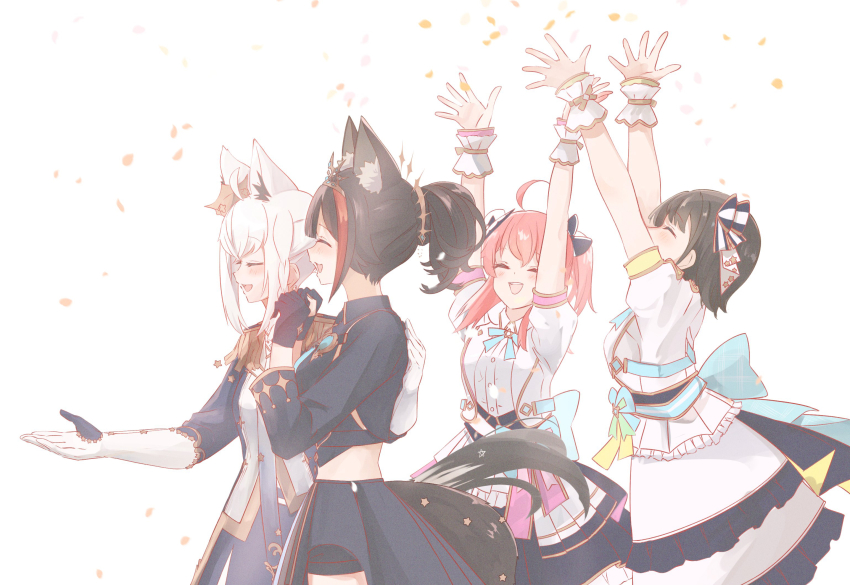 4girls ahoge animal_ear_fluff animal_ears arms_up black_hair black_shirt black_skirt blush bow braid brown_hair chamomile_(kazumasa) closed_eyes commentary_request confetti epaulettes extra_ears fox_ears fox_girl fox_tail gloves hair_between_eyes hair_bow hand_on_another&#039;s_back highres hololive hololive_idol_uniform_(bright) midriff multicolored_hair multiple_girls ookami_mio ookami_mio_(our_sparkle) oozora_subaru open_mouth pentagram pink_hair ponytail red_hair sakura_miko shirakami_fubuki shirakami_fubuki_(fbkingdom) shirt short_hair short_ponytail sidelocks simple_background single_braid skirt smile streaked_hair tail virtual_youtuber white_background white_gloves white_hair wolf_ears wolf_girl wolf_tail