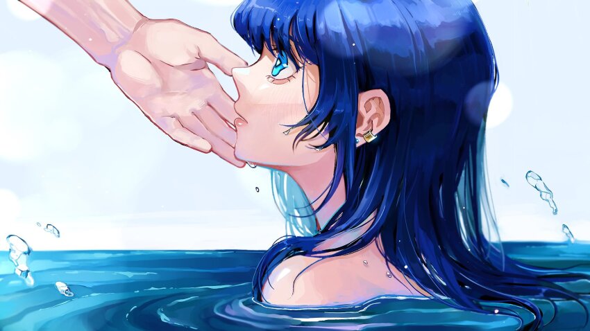 1girl 1other blue_eyes blue_hair clam_and_mirage commentary_request ear_piercing earrings from_side highres jewelry natchan_blue_(nanairopenki) partially_submerged piercing profile ripples solo_focus water wavy_eyes wet