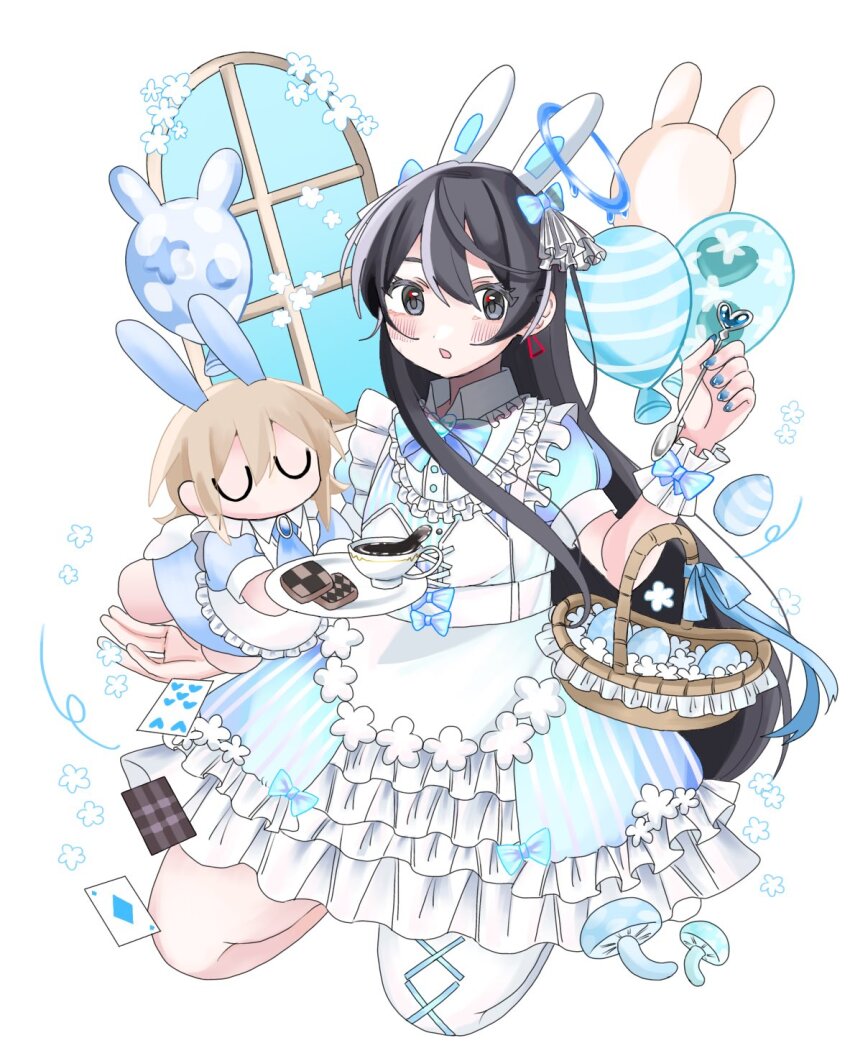1girl ace_(playing_card) ace_of_diamonds animal_ears apron balloon basket black_hair blue_dress blue_halo bow bowtie card checkerboard_cookie chibi chibi_inset cookie cup diamond_(shape) dress earrings easter_egg egg food frilled_dress frills hair_between_eyes halo highres holding holding_basket jewelry jiaojiao kneeling light_blush long_hair maid maid_apron mushroom necktie playing_card rabbit rabbit_ears seven_of_hearts shimako_(yume_2kki) simple_background single_thighhigh stuffed_animal stuffed_rabbit stuffed_toy teacup teaspoon thighhighs tray triangle_earrings urotsuki window yume_2kki yume_kawaii