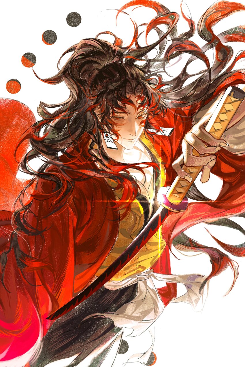 1boy absurdres baicumikuo checkered_haori demon_slayer_uniform earrings hanafuda_earrings haori highres holding holding_sword holding_weapon japanese_clothes jewelry katana kimetsu_no_yaiba male_focus print_haori red_haori solo sword sword_writing tsugikuni_yoriichi weapon