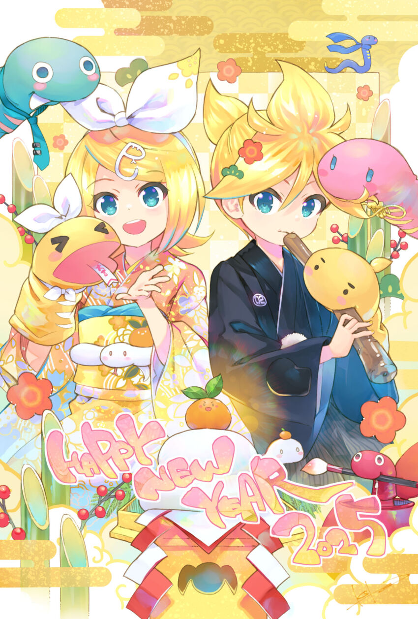 &gt;_&lt; 1boy 1girl 2025 :d animal_puppet bamboo black_kimono blonde_hair blue_eyes brother_and_sister calligraphy_brush chinese_zodiac commentary_request egasumi fingernails flute food fruit hair_between_eyes hair_ornament hairband hand_puppet happy_new_year hatsune_miku highres holding holding_flute holding_instrument instrument japanese_clothes kadomatsu kagami_mochi kagamine_len kagamine_rin kaito_(vocaloid) kei_(keigarou) kimono long_sleeves mandarin_orange megurine_luka meiko_(vocaloid) mochi music nail_polish new_year obi open_mouth paintbrush playing_flute playing_instrument puppet sanbou sash short_hair siblings smile snake snake_hair_ornament snake_puppet swept_bangs twins vocaloid white_hairband wide_sleeves year_of_the_snake yellow_kimono yellow_nails yellow_sash